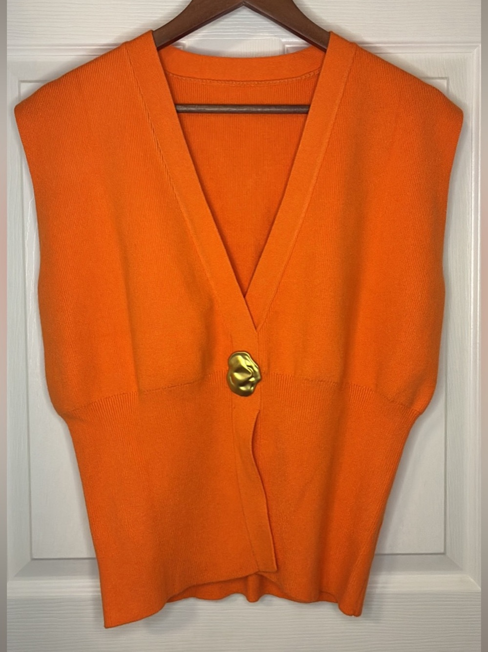 Commense Bright Orange V-Neck Sleeveless Sweater Vest with Gold Accent